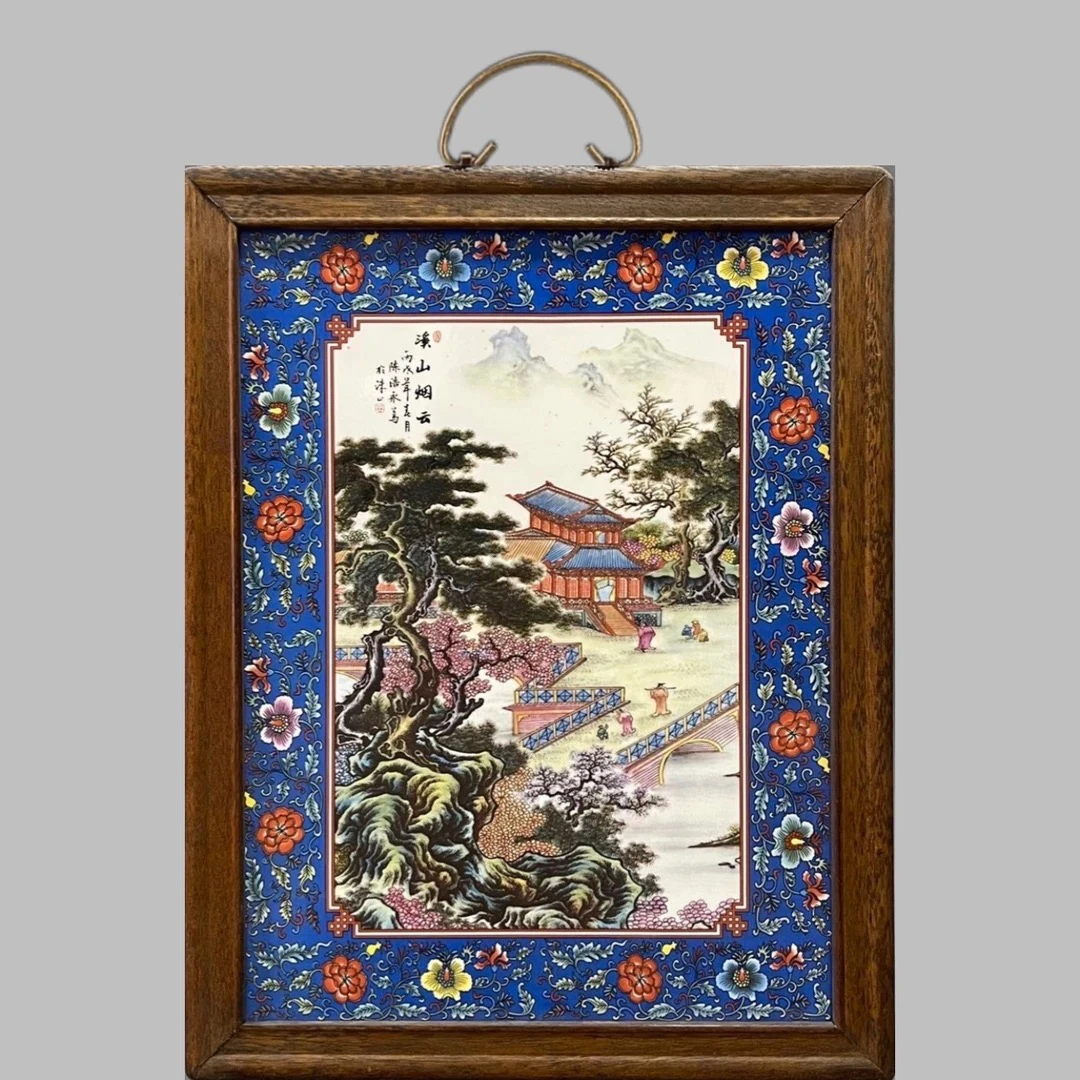 古玩收藏品实木框镶精品山水粉彩珐琅彩老瓷板画老物件工艺品陶瓷