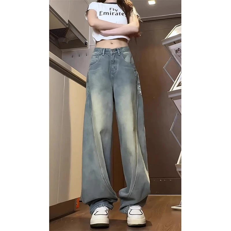 美式复古蓝色弯刀牛仔裤春秋季潮牌痞帅炸街裤子休闲宽松阔腿裤潮