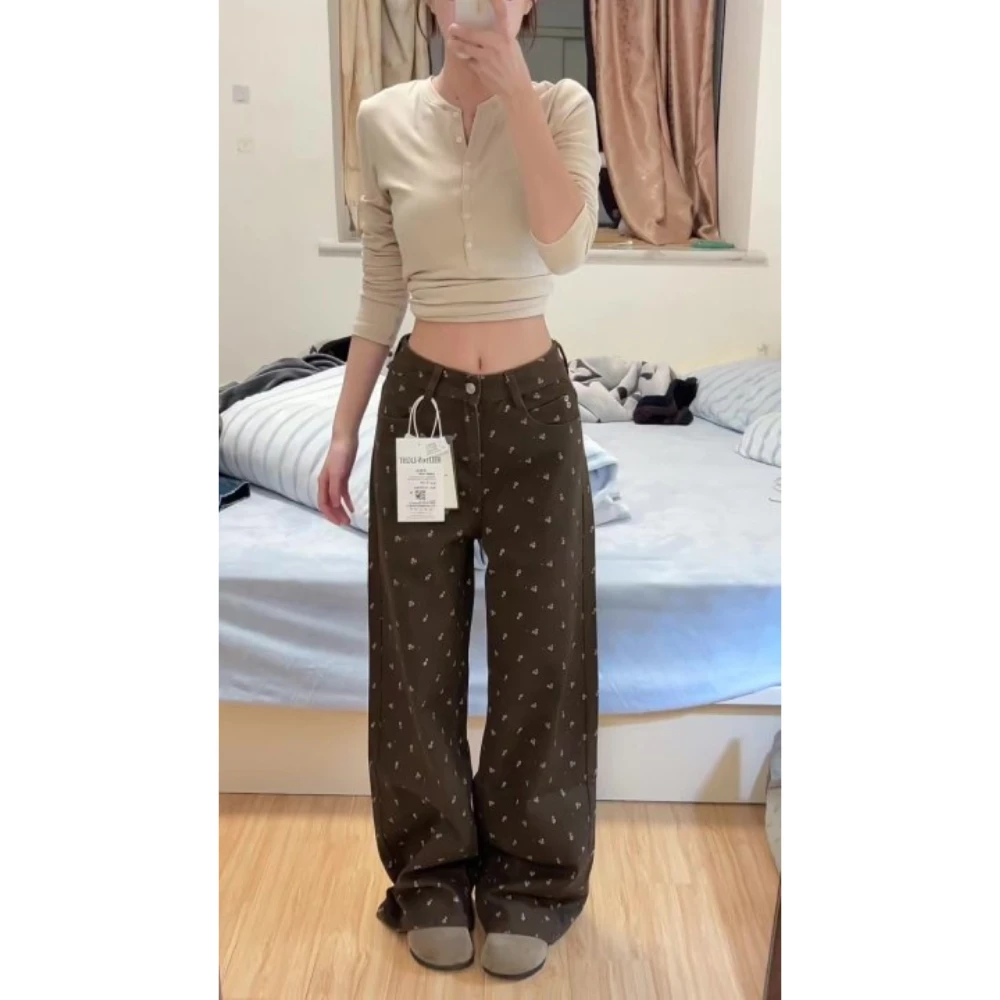 美式复古做旧百搭阔腿牛仔裤2025冬季新款显瘦碎花宽松垂感直筒裤