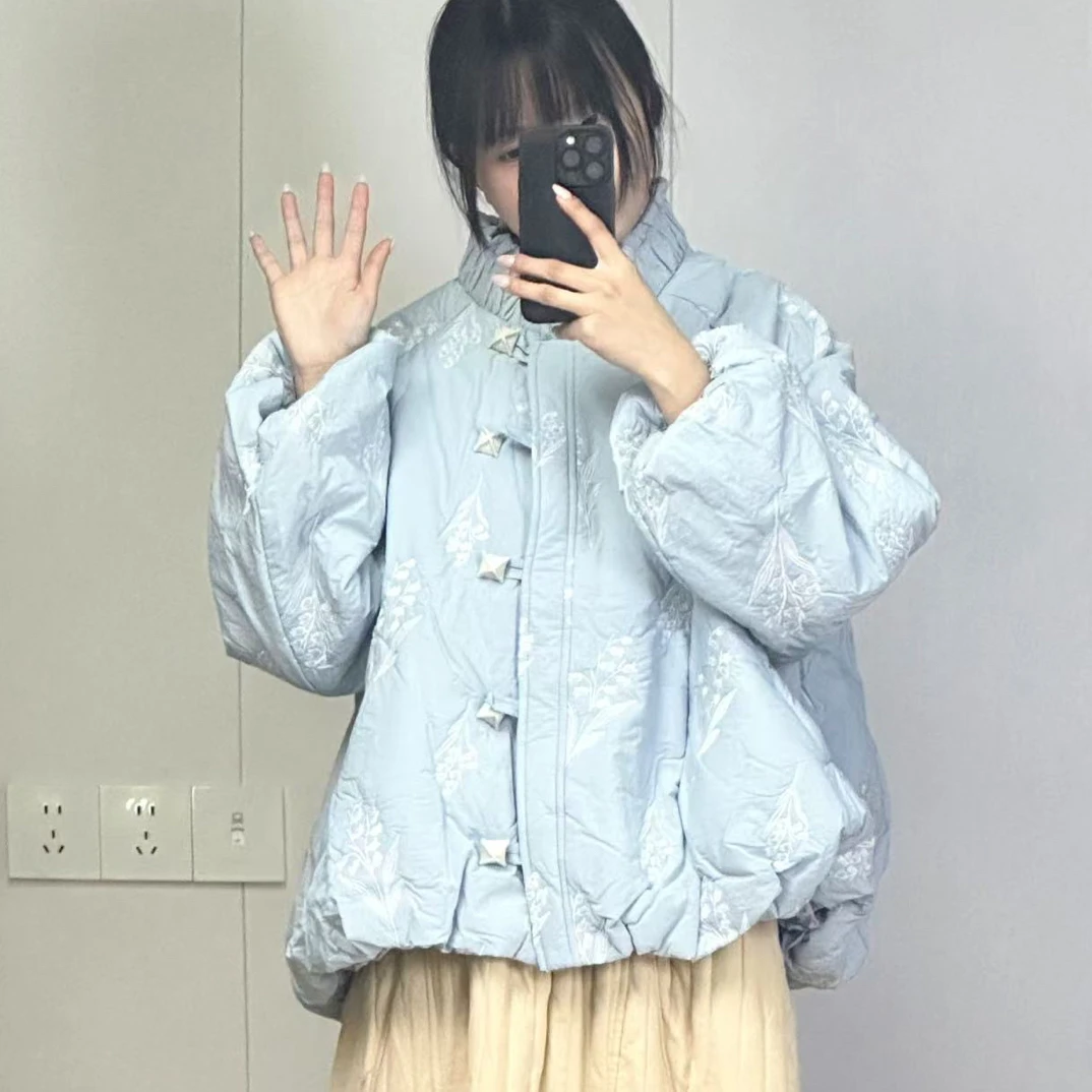 日系 小众设计感立领刺绣花苞棉服女冬季甜美气质外套胸136长56