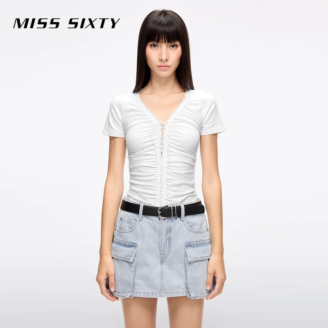 Miss Sixty2025夏季新款短袖T恤女系带V领花边修身显瘦短款上衣