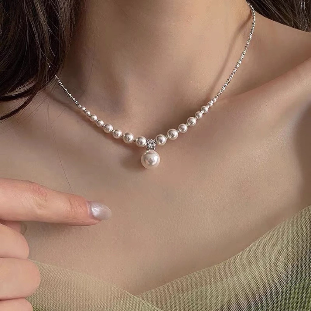铜合金仿珍珠项链 法式碎银珠珠项链轻奢小众设计高级百搭xl102
