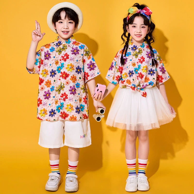 六一儿童演出服小学生运动会团体啦啦队3D花朵衬衫幼儿园合唱班服