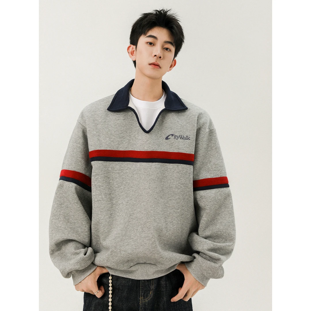 美式复古撞色半开POLO卫衣女男秋季高街休闲百搭V领套头运动上衣