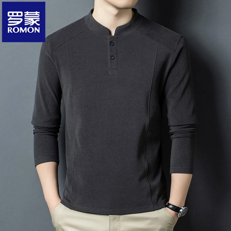 罗蒙双面德绒长袖T恤打底衫男士亨利领秋冬季潮流百搭立领男卫衣