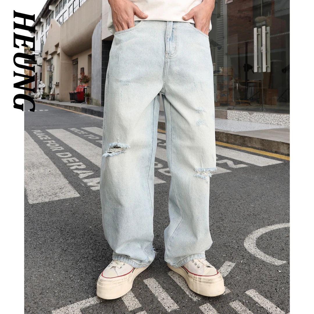 美式休闲痞帅复古刮烂破洞浅蓝色牛仔裤宽松大直筒垂感长裤男