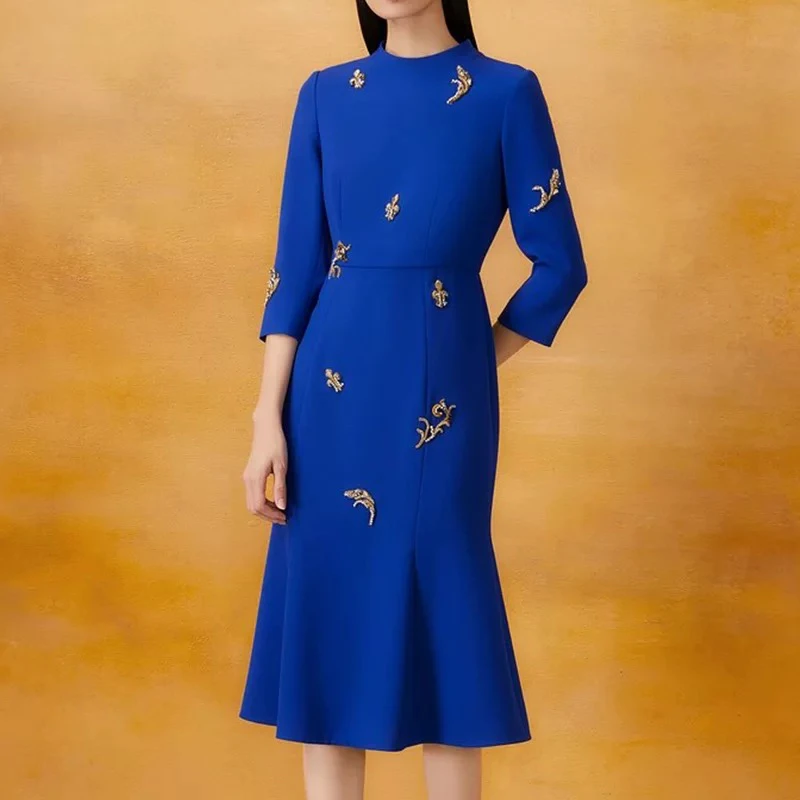 2024年春季新款宝蓝色七分优雅气质鱼尾礼服裙