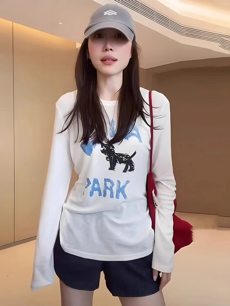 清新奶凶猫咪印花长袖 T 恤女夏季薄针织防晒罩衫盐系打底上衣