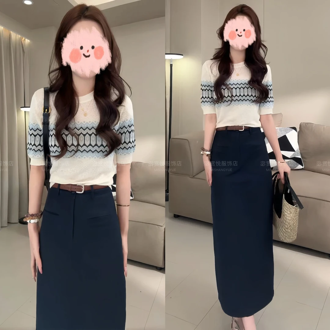 洋气衣服女2025夏季薄款镂空提花针织短袖上衣百搭半身裙气质套装