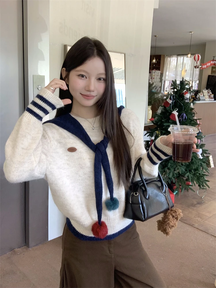 甜美少女感披肩系带套头毛衣女秋季2025新款减龄撞色宽松针织衫潮