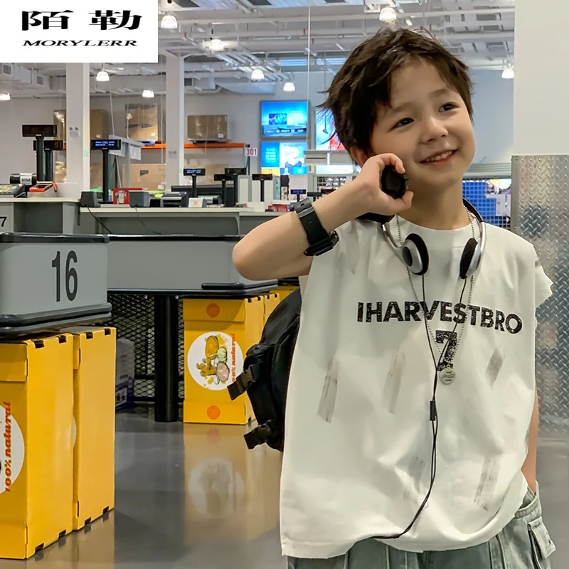 陌勒白色背心男童夏季薄款儿童韩版无袖痞帅宝宝夏外穿恤夏装上衣