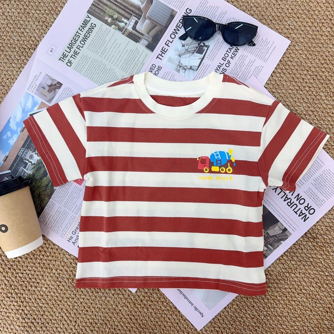 柔软条纹经典红白可爱挖掘机印花儿童短袖