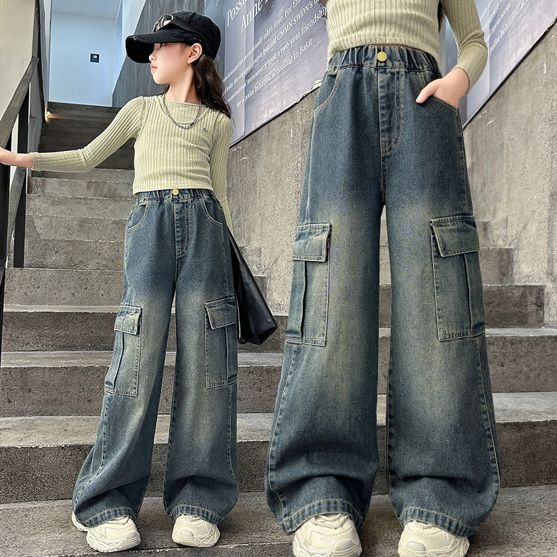 女童裤子春秋装2025新款工装阔腿裤洋气时髦儿童中大童宽松牛仔裤
