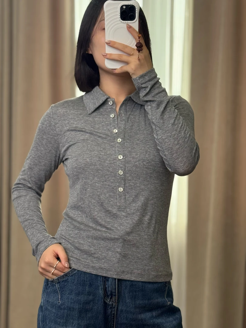 羊毛莱赛尔POLO领翻领打底衫2025新款正肩女上衣