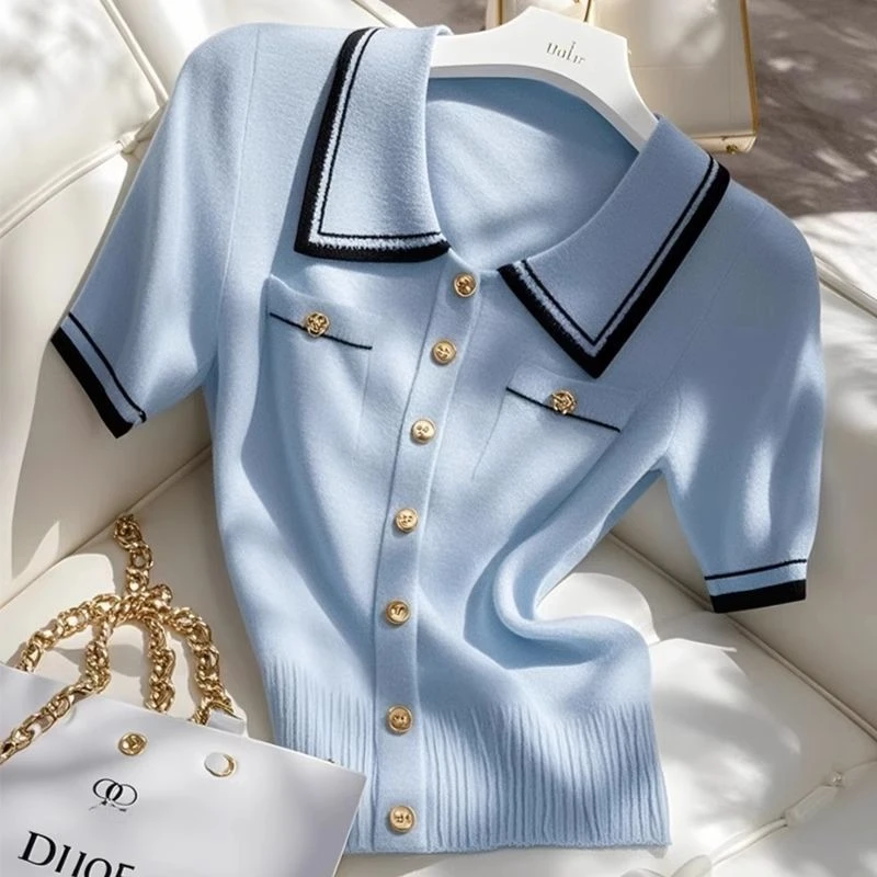 小香风蓝色POLO领短袖T恤女夏季2025高级感撞色冰丝针织上衣