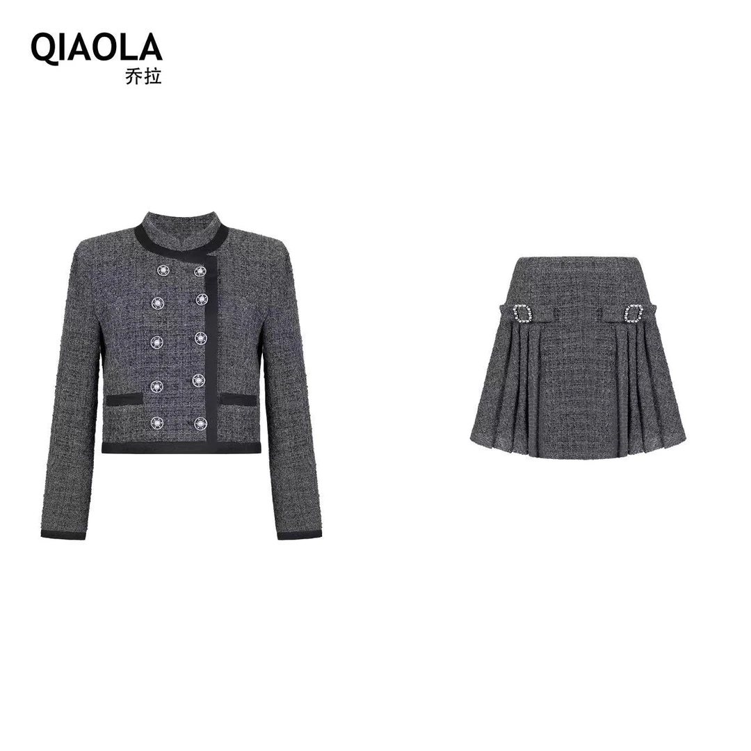 QIAOLA/乔拉【雾光之岛】秋冬小香风粗花呢双排扣立领轻奢套装预售
