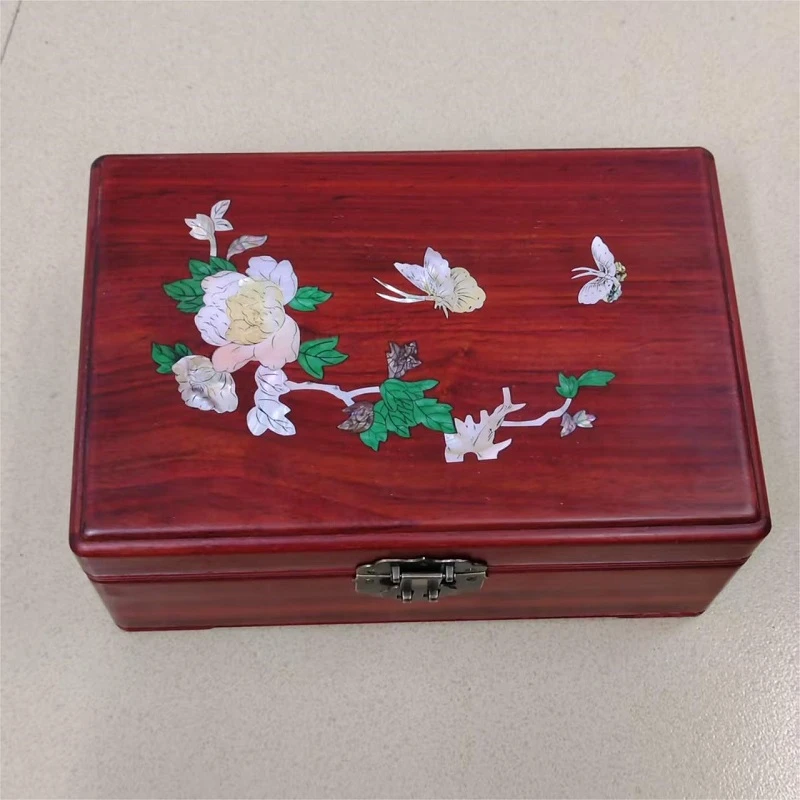 红花贝壳镶嵌国风花开富贵螺钿首饰盒