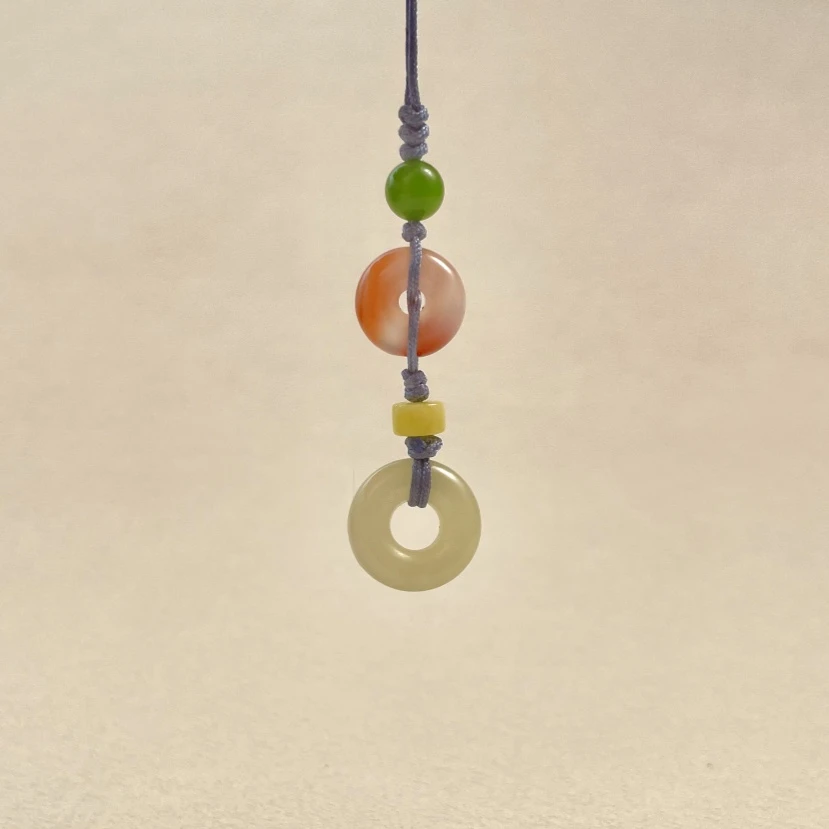 纯手工和田玉平安扣手机包包挂（配：南红、蜜蜡、碧玉）卡14m