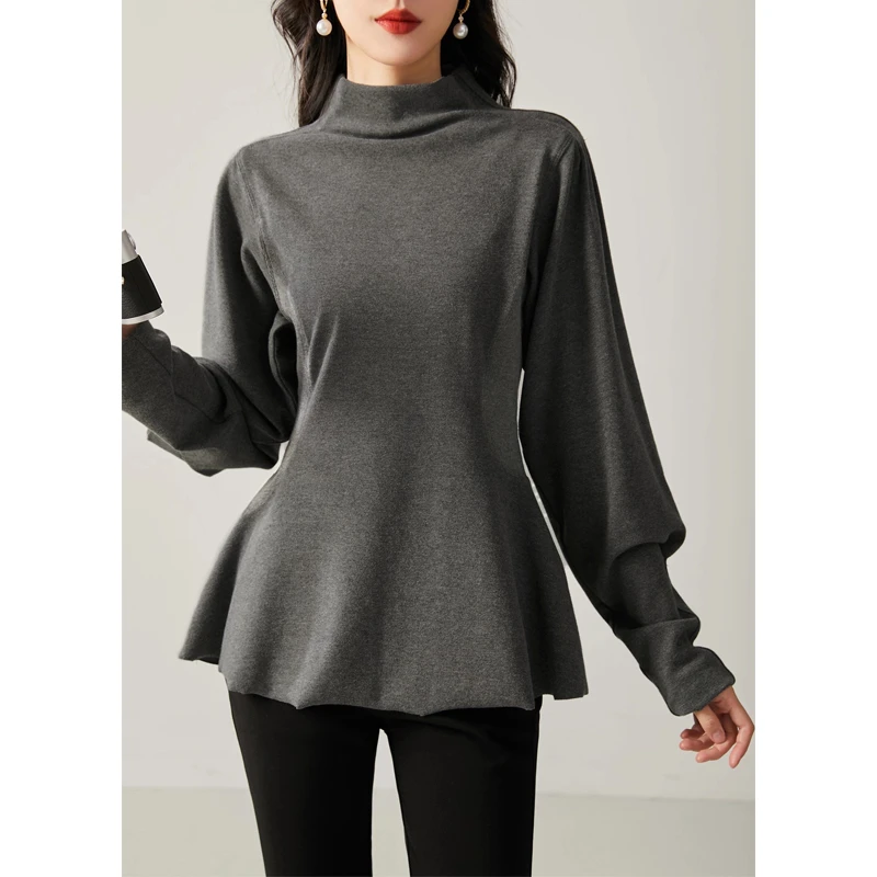 法式复古半高领设计感 灯笼袖收腰显瘦打底衫女柔软亲肤修身内搭