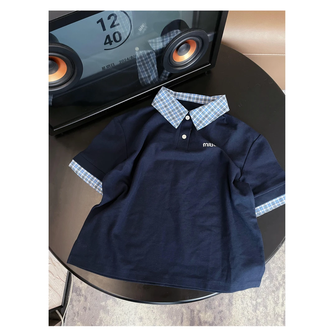 《现货》【MM】夏季新款显瘦百搭格纹拼接领假两件短袖t恤  Ani-B779