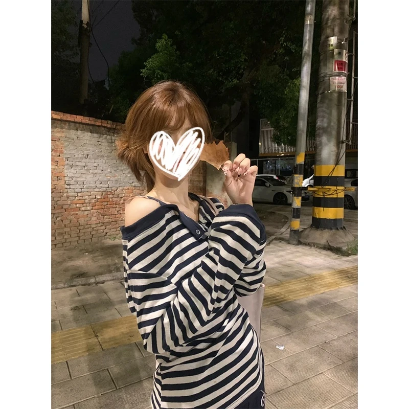 梦优莱美式条纹吊带长袖T恤女装2025早秋新款纯欲风修身显瘦上衣