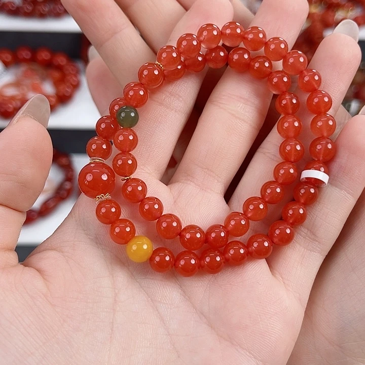 南红玛瑙18K金镶嵌保山河湾冰红6mm双圈diy