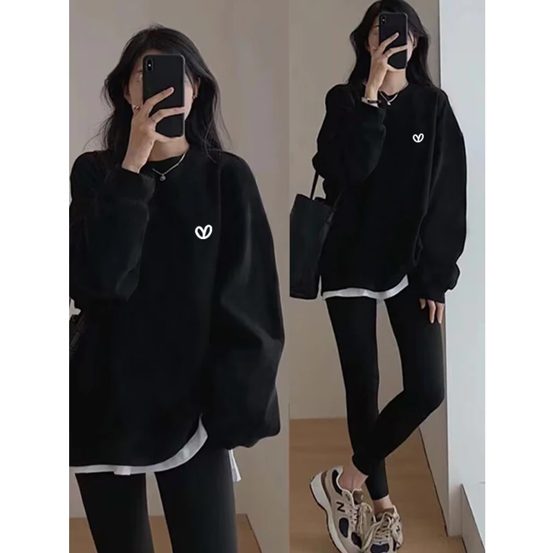 假两件圆领卫衣女2025秋冬新款宽松中长款遮屁股加绒加厚拼接上衣