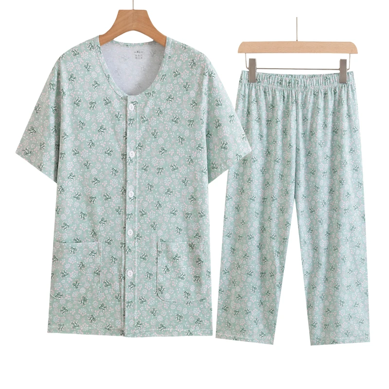 中老年妈妈纯棉短袖开衫系扣加肥加大宽松薄款七分裤套装