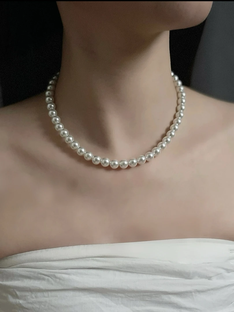 珍珠项链/全珠项链/百搭锁骨链/元宝扣/气质/随机赠送耳钉或手链