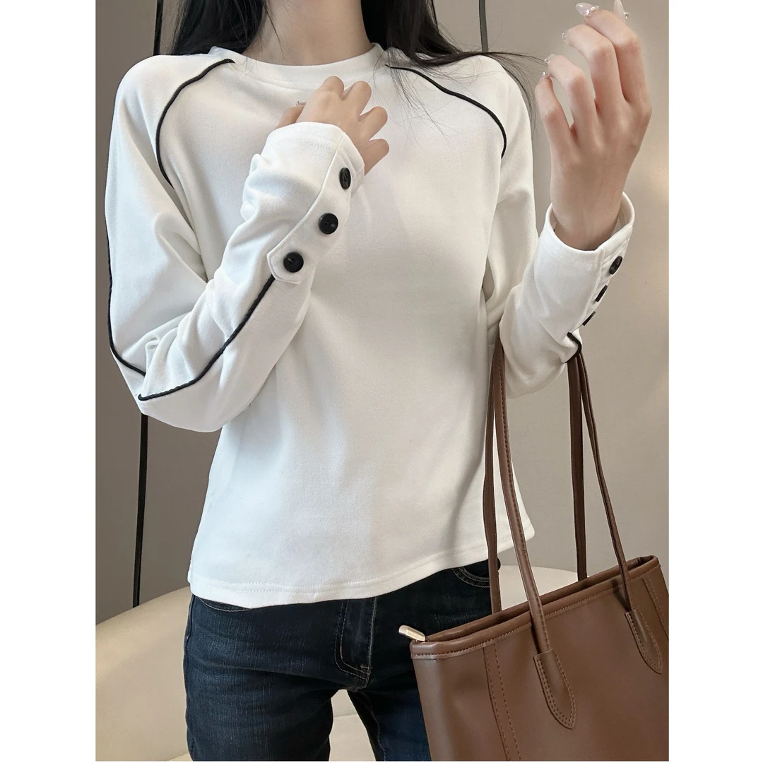 设计感黑色纽扣双面德绒长袖T恤女秋冬内搭外穿圆领磨毛打底上衣