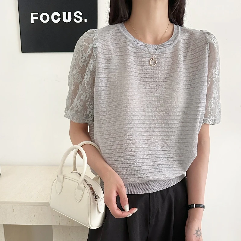 洋气圆领泡泡袖针织衫短袖女款爆款2025新款夏季薄款宽松显瘦上衣