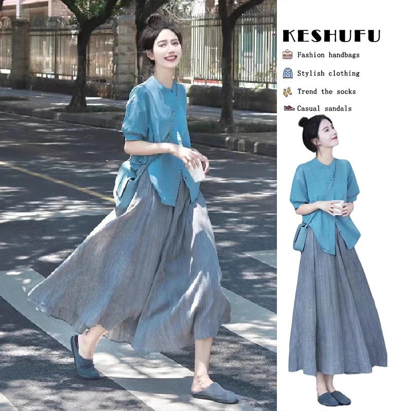 夏季女装法式桔梗奶茶盐系多巴胺穿搭一整套连衣裙子高级感两件套