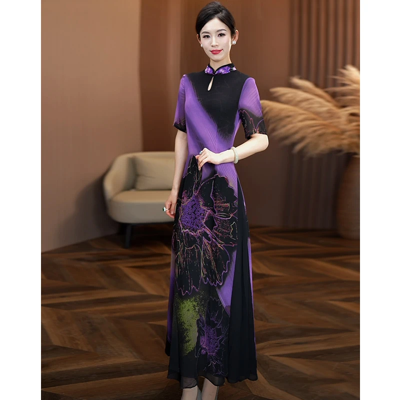 印花国风连衣裙女2025夏季新款修身显瘦高级感长裙大摆气质裙子