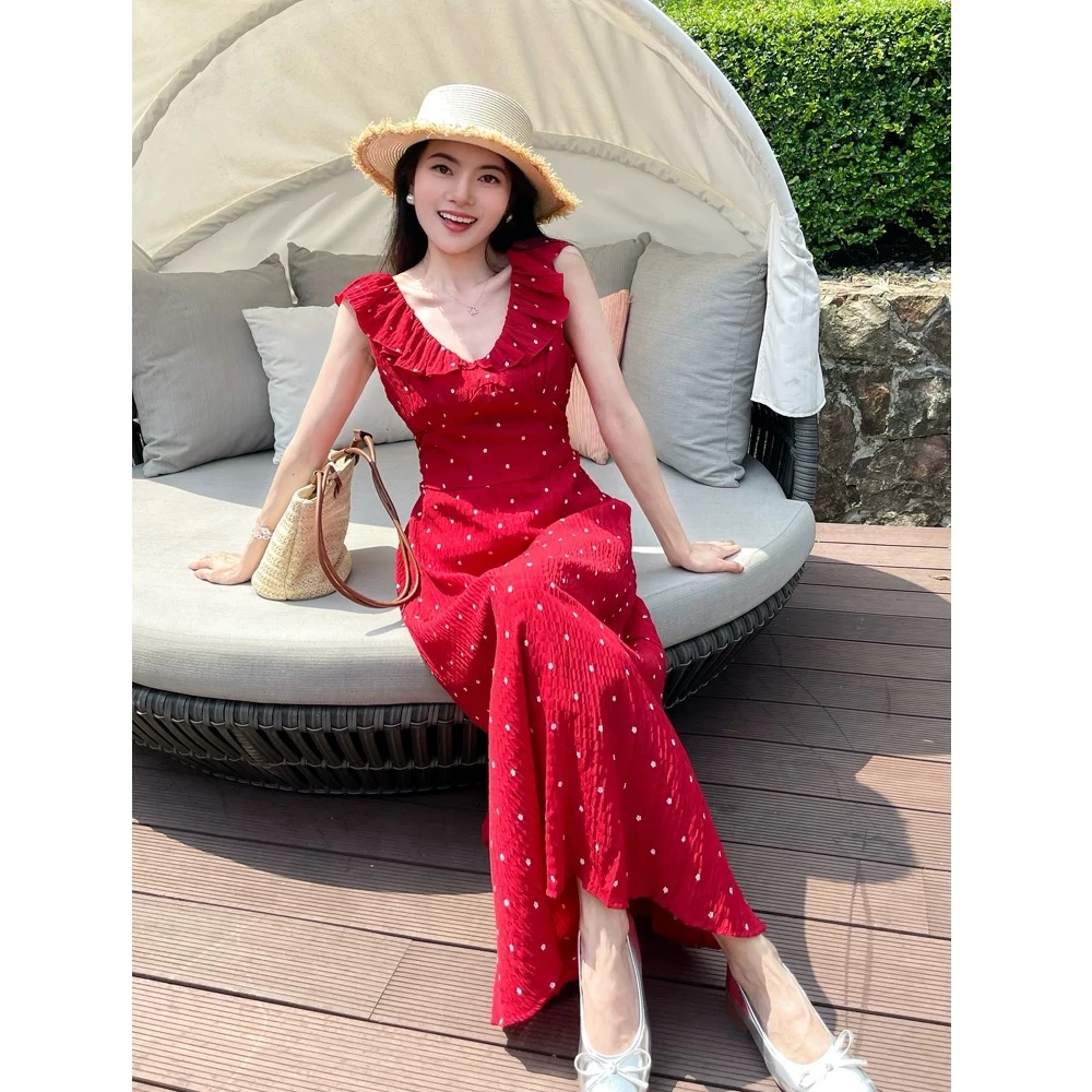 红色波点吊带连衣裙子女夏季2025海边度假漂亮掐腰长裙53578