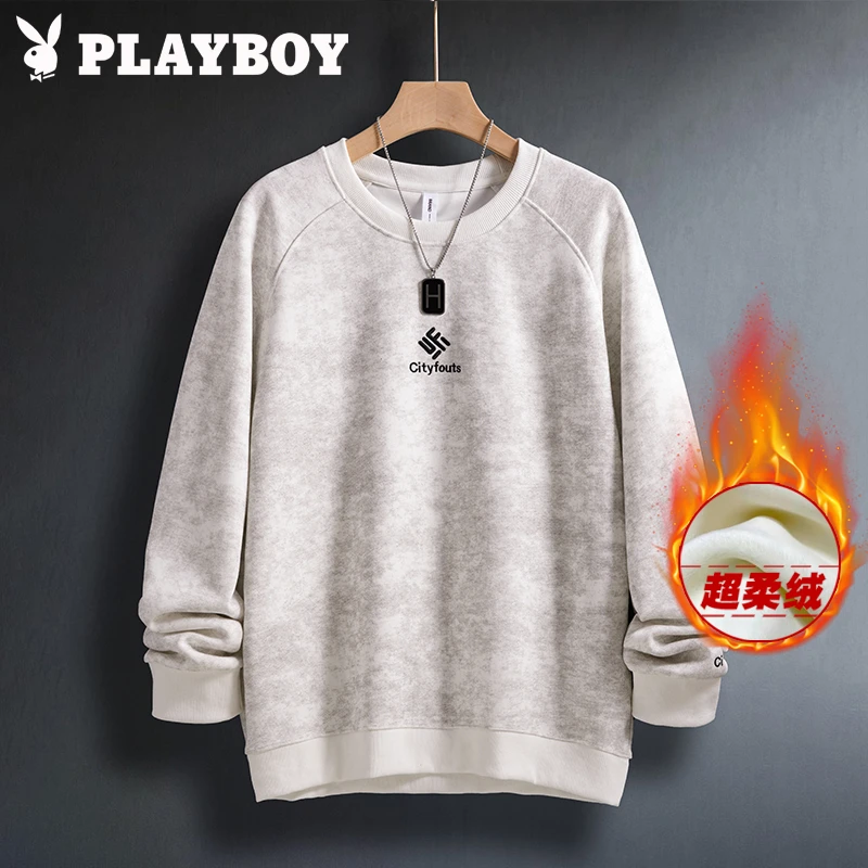 花花公子秋冬季加绒卫衣男圆领休闲长袖2025新款加厚超柔绒上衣