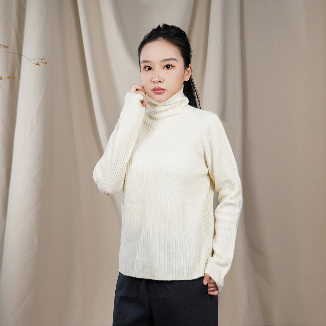 100羊毛30888高领坑条毛衣套头毛衣女秋冬季慵懒软糯上衣