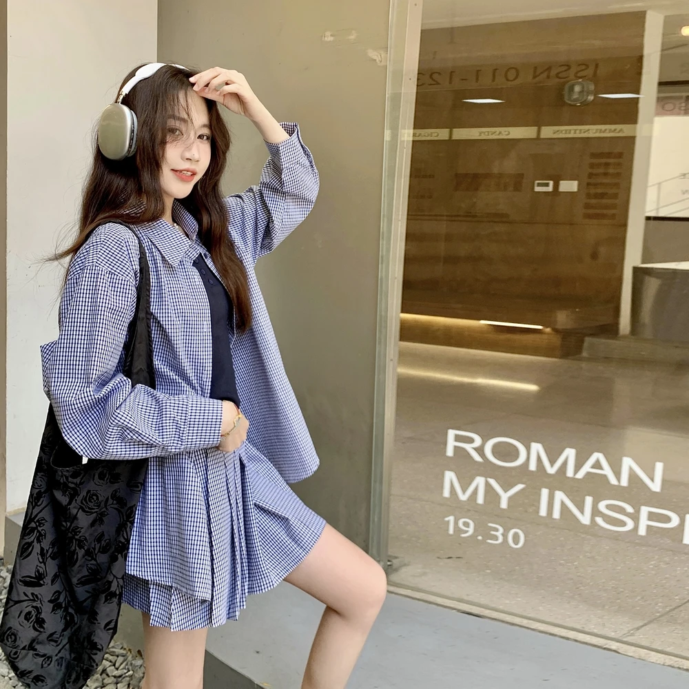 蓝色格纹衬衫百褶短裙三件套女夏季韩系休闲学院风清冷松弛感套装