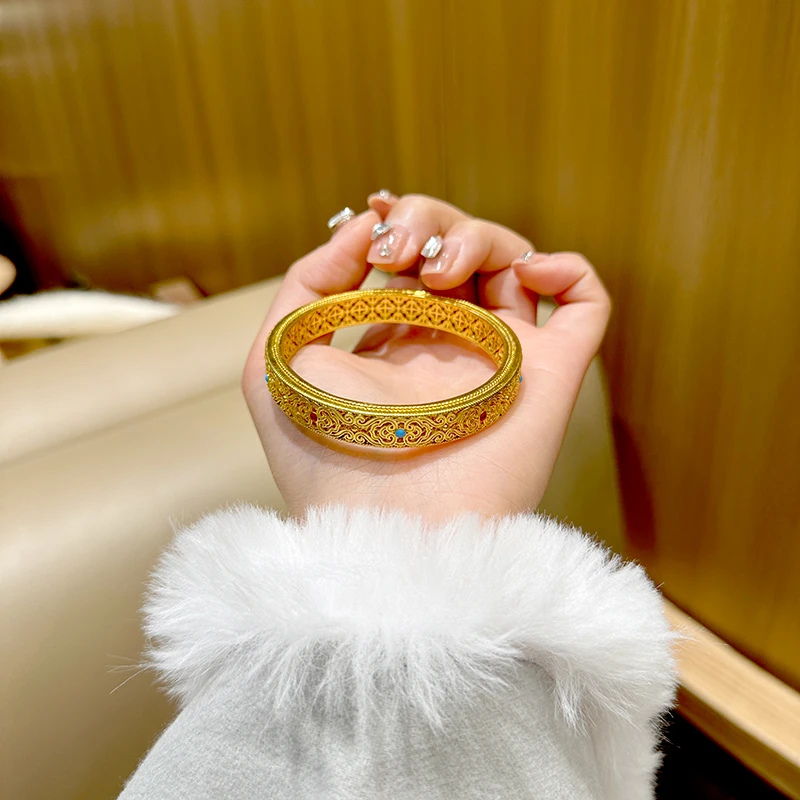 足银珐琅手镯 镂空花丝如意婚嫁实心闭口传承古法专柜同款