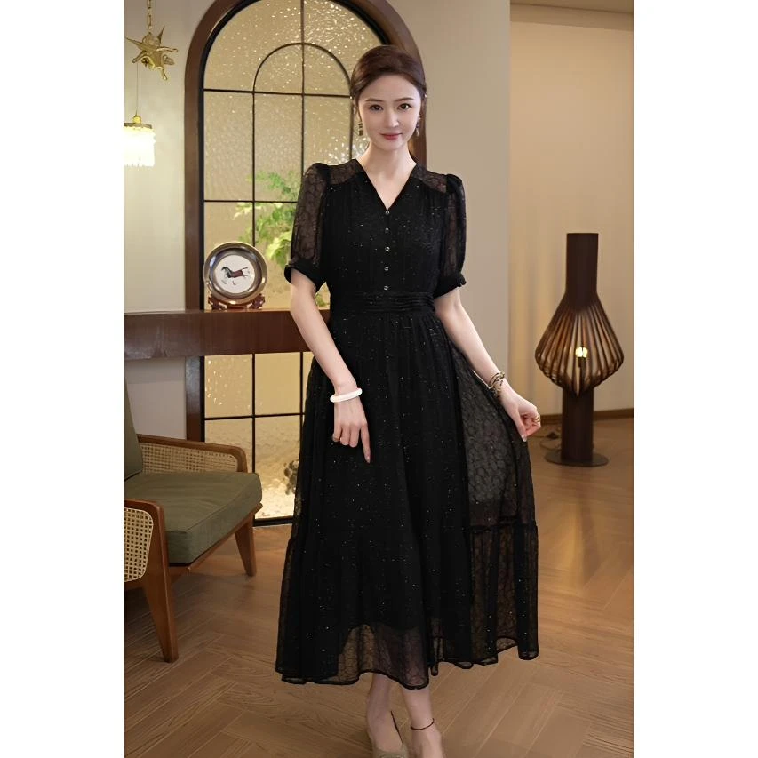 唐熹2025夏季新款【H-X369】V领收腰显瘦中长款小众茶歇黑色连衣裙