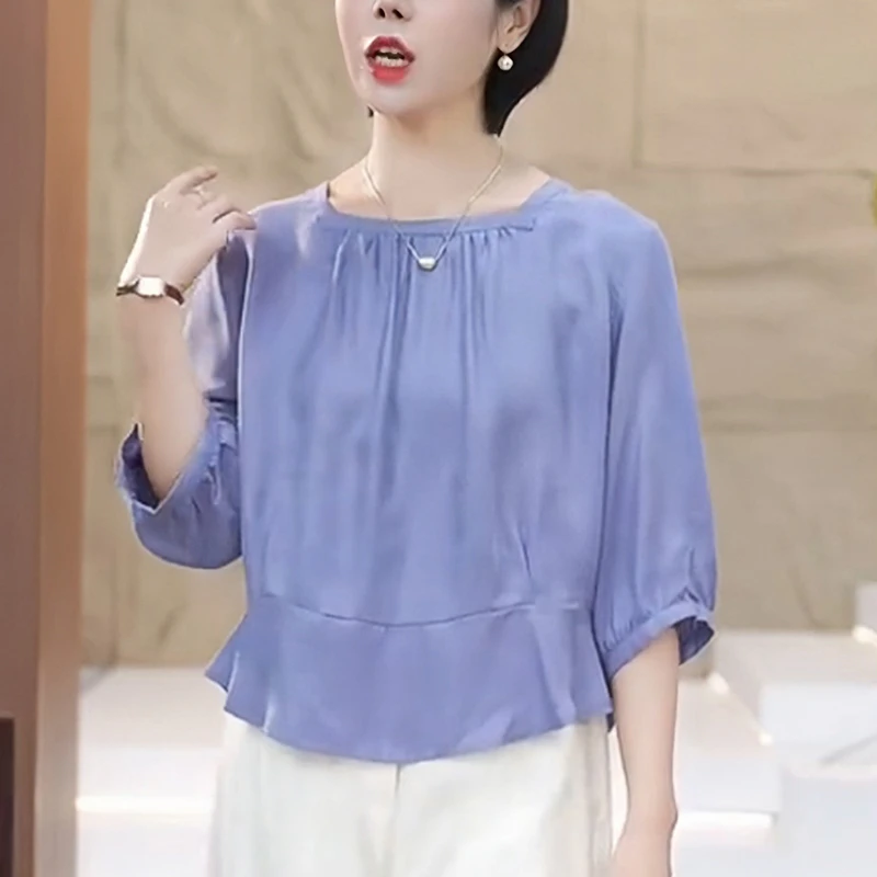 薄款蓝色气质衬衫女士2025夏季洋气减龄宽松显瘦设计感七分袖上衣