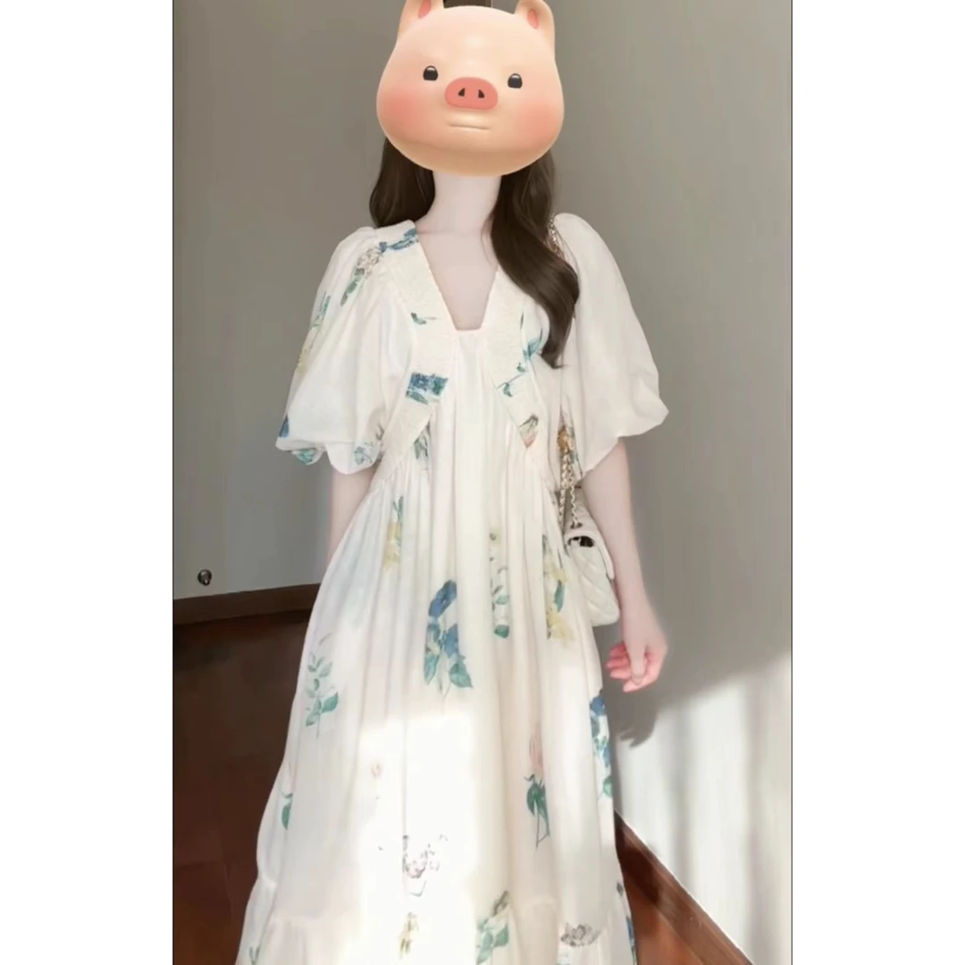 法式复古印花宽松度假连衣裙女夏季2025新款超仙长裙大码孕妇可穿