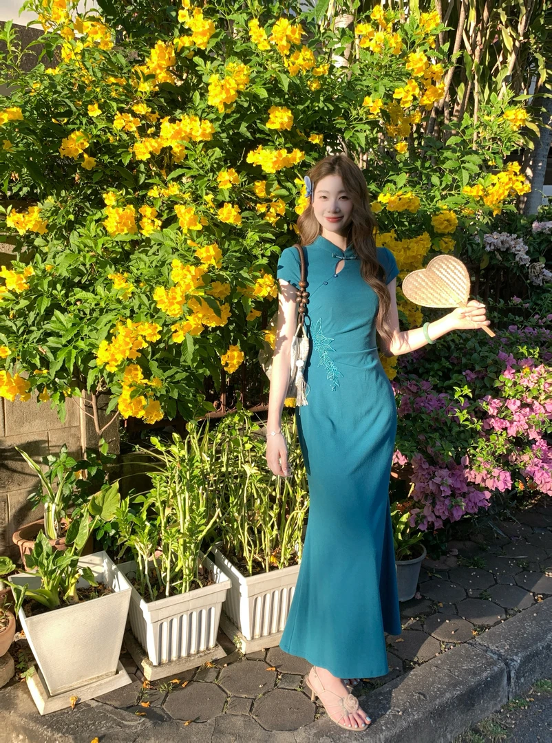 EIA一尧新中式国风【水云芳】气质温婉绣花旗袍连衣裙复古显瘦鱼尾