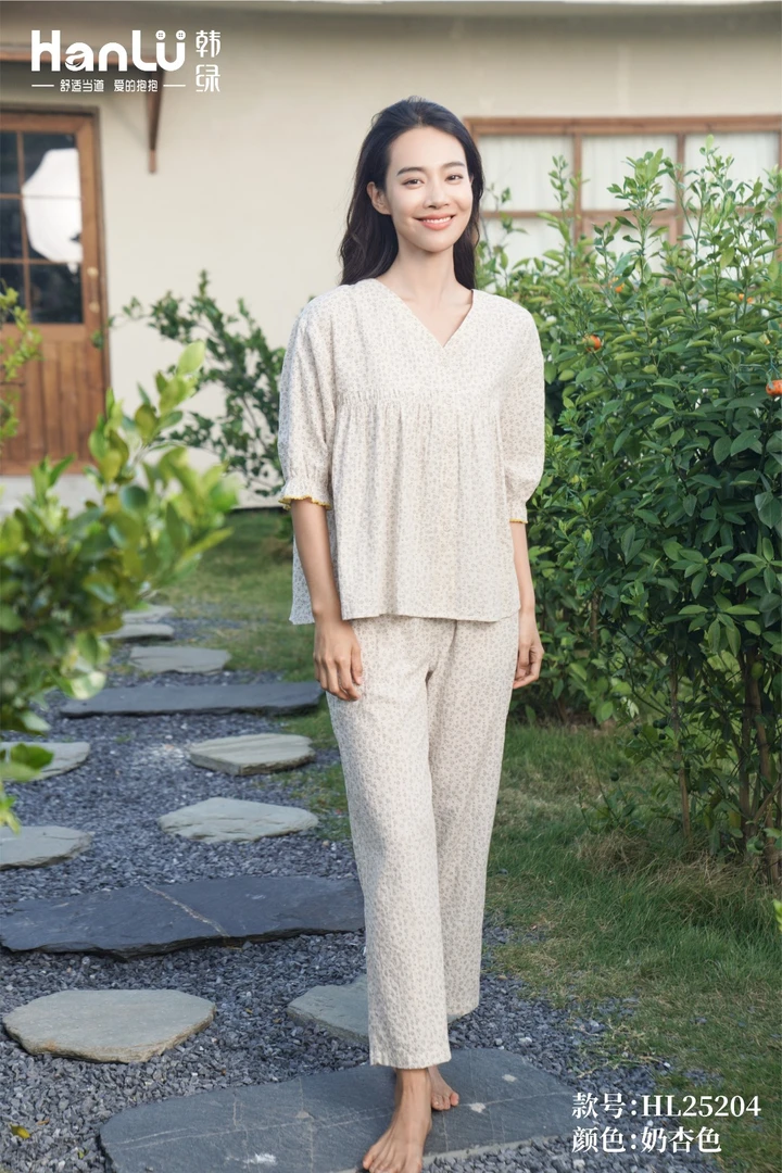 韩绿女士春夏款棉薄款七分袖长裤时尚简约宽松舒适透气家居服套装