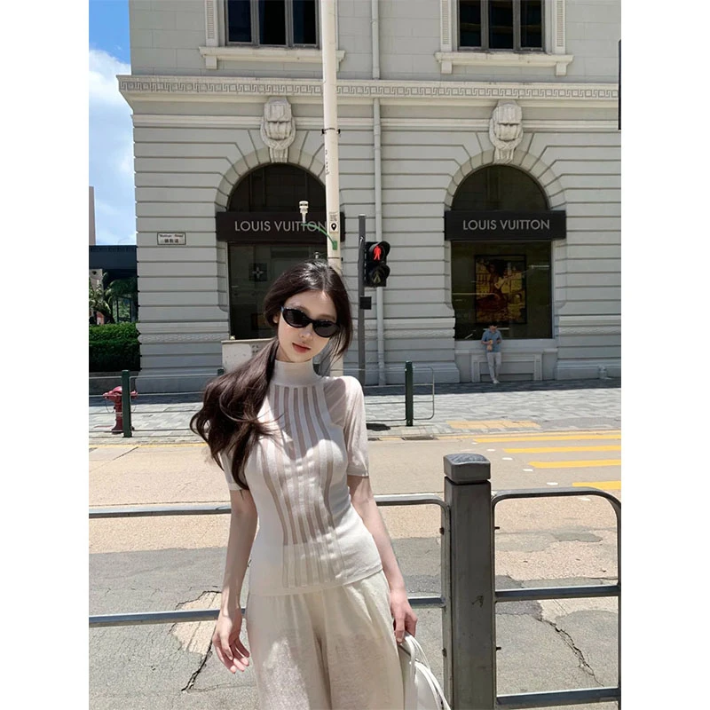 巨好看的夏日一整套辣妹设计感镂空针织短袖T恤女高腰垂感阔腿裤