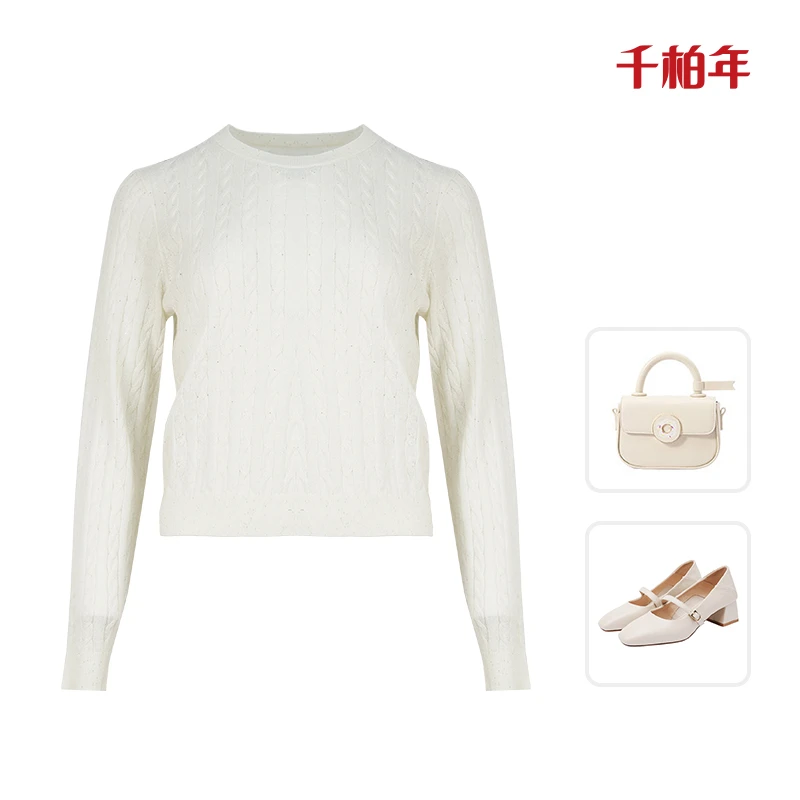 千柏年【时髦女孩】舒适羊毛时尚金银丝绞花显瘦圆领针织衫-C2127