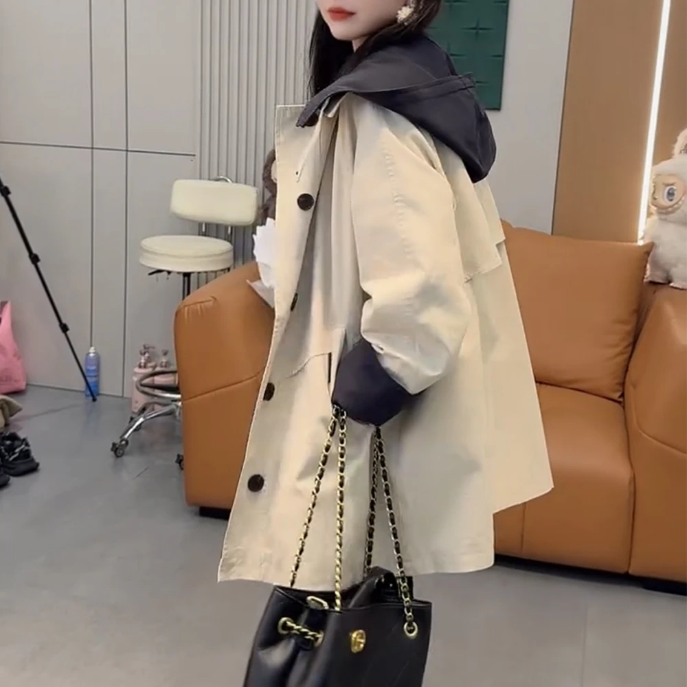 洋气中长款风衣外套女小个子微胖连帽宽松休闲百搭撞色显瘦上衣潮