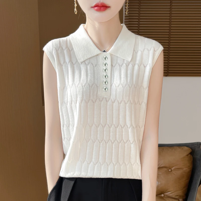 叠穿精纺羊毛背心女无袖翻领打底衫POLO领气质内搭针织上衣504