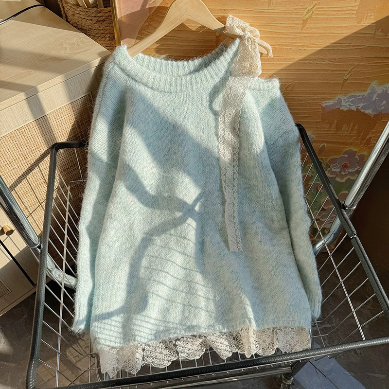 圣诞2024年蕾丝蝴蝶结毛衣女秋冬加厚慵懒风宽松斜肩针织衫上衣