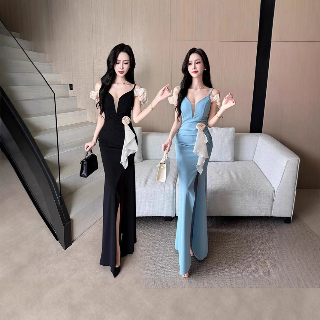 高级感吊带露肩订花连衣裙晚礼服裙订婚宴会花朵拼接收腰开叉女装