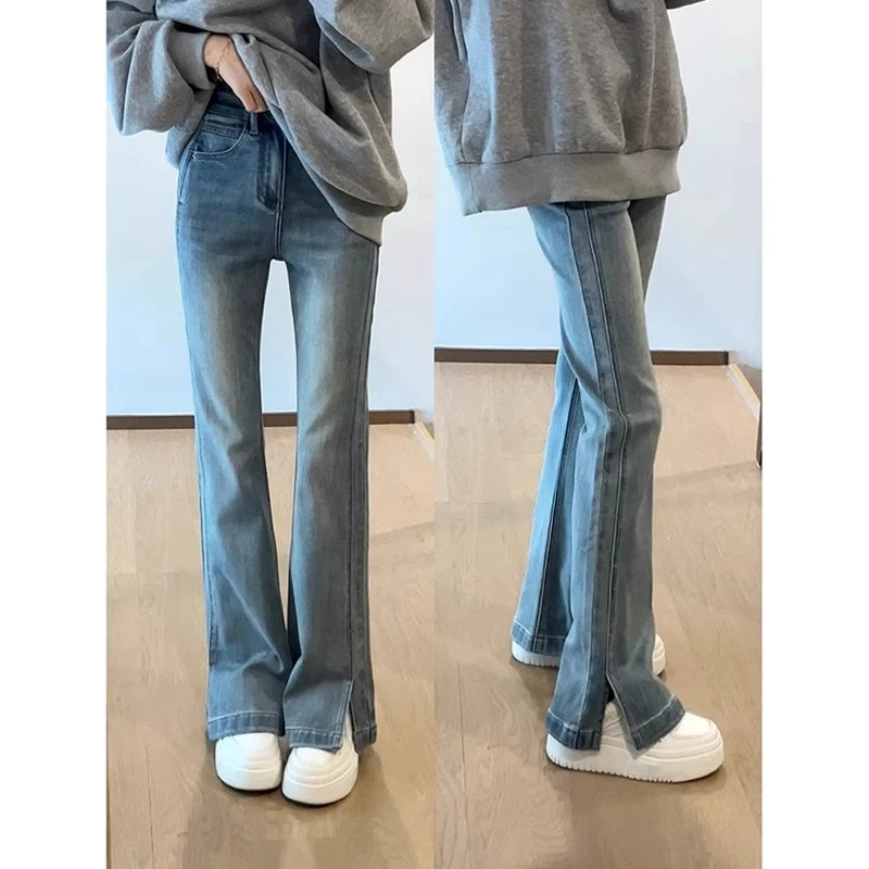 浅蓝色微喇开叉牛仔裤女秋季新款大码胖mm高腰弹力遮胯显瘦马蹄裤
